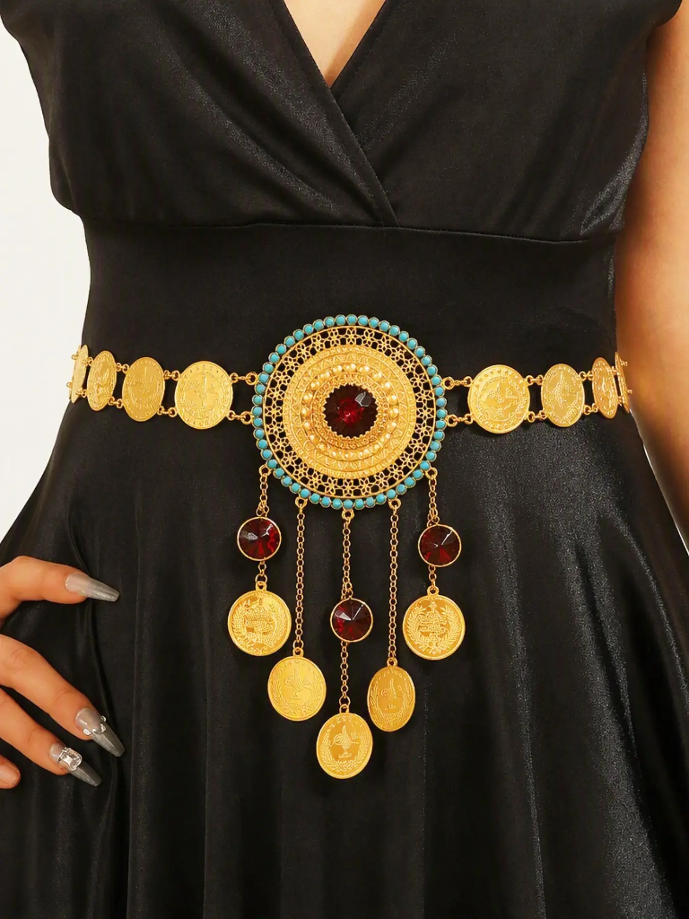 Boho Coin Fringe Rhinestone Ruby Metal Belt, Women's Turkish Kurdish Ethnic Fashion Waist Belt, Beach Party Accessory
