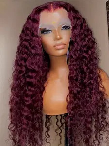 26-Inch Burgundy Kinky Curly Wig, 99j，180 Density, Glueless, Heat Resistant, 13x4x1 Lace Front, Pre-Plucked, Fashion Synthetic Wig for Women