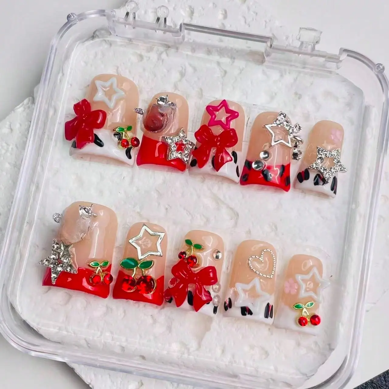 10PCS Handmade 100% Reusable Acrylic Duckbill Press-On Nails | Red Cherry & Saturn Bow Design Fake Nails With 3D Cherry, Rhinestone Saturn & Star Charms, Sweet & Playful Fake Nails For Y2K & Cute Styles