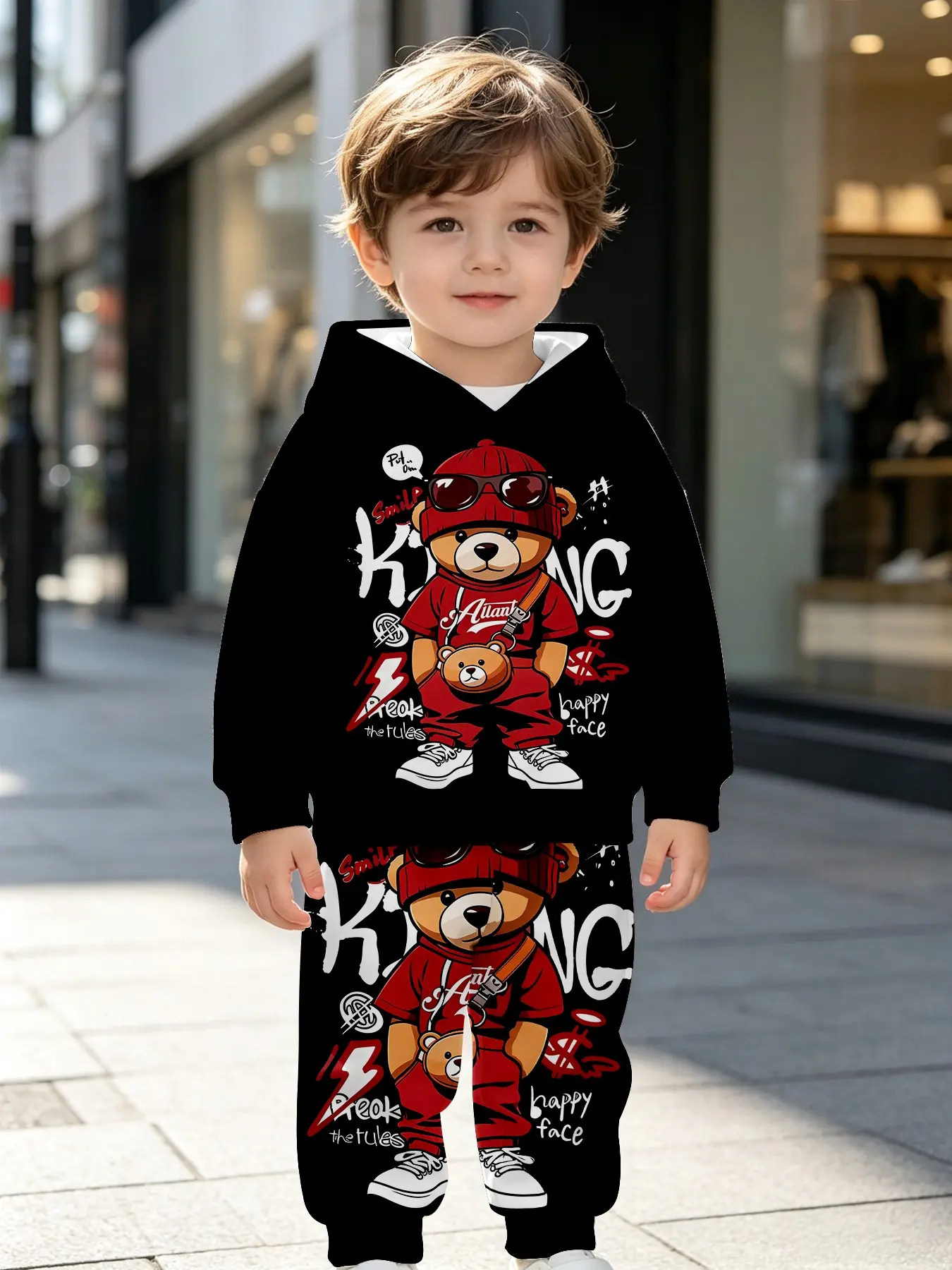 Boys' Base Lettering Hoodie & Pants Combined Set, Casual Fitted All over Print, Fall Winter Outdoor Wear, Perfect Birthday Gift