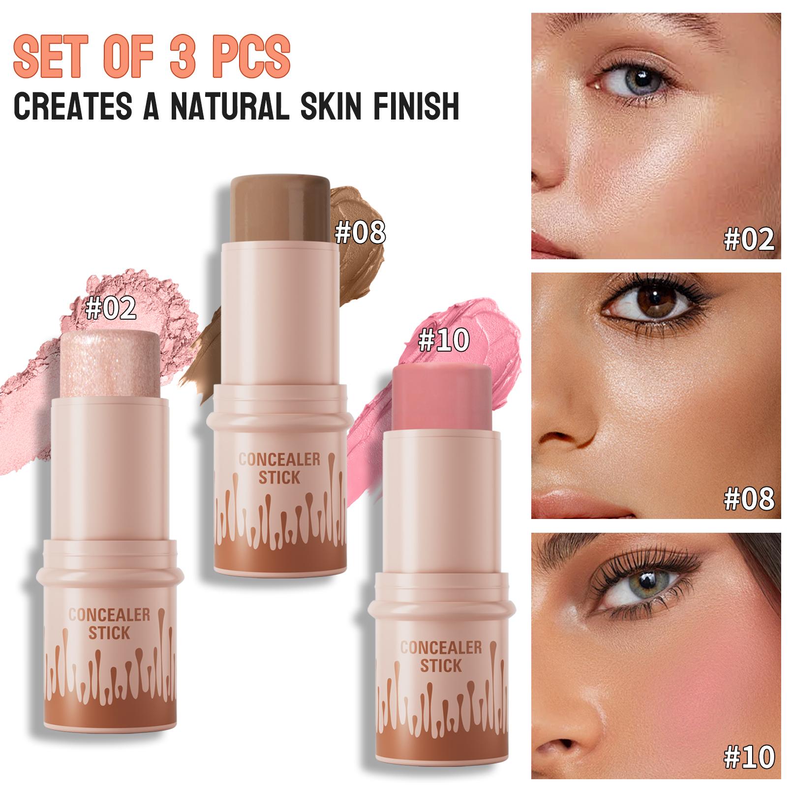Long-Lasting Concealer Stick, 3 Counts/set Highlighter Balm, Blush & Contouring Stick, Facial Makeup Tools for Women & Girls, Bronzer Makeup