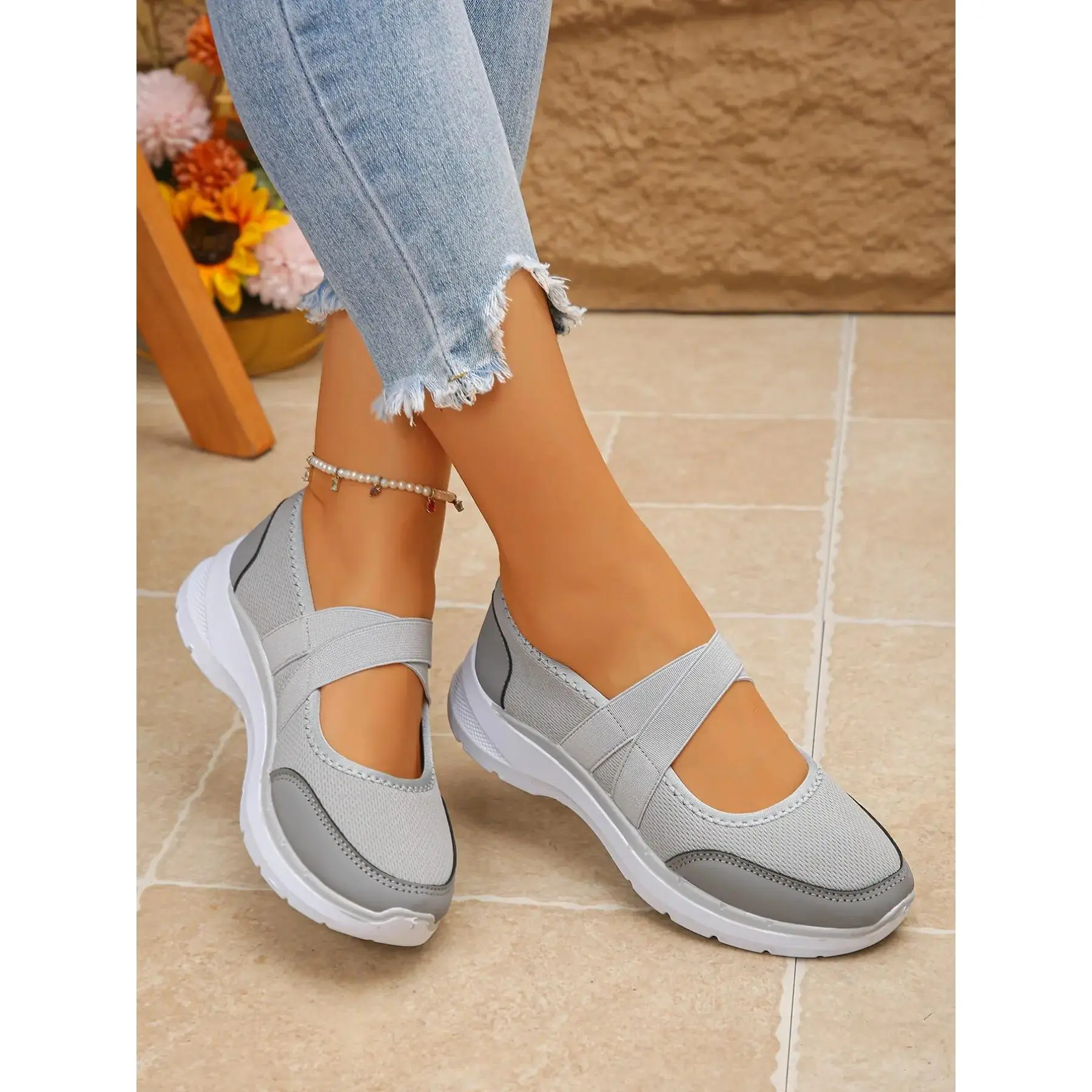 YYW1 New Elastic Strap Mary Shoes, Breathable Mesh, Low Top, Thick Sole, Lightweight, Comfortable, Casual, Large Size, Women's Footwear, Mary Style, Classic Mary Janes
