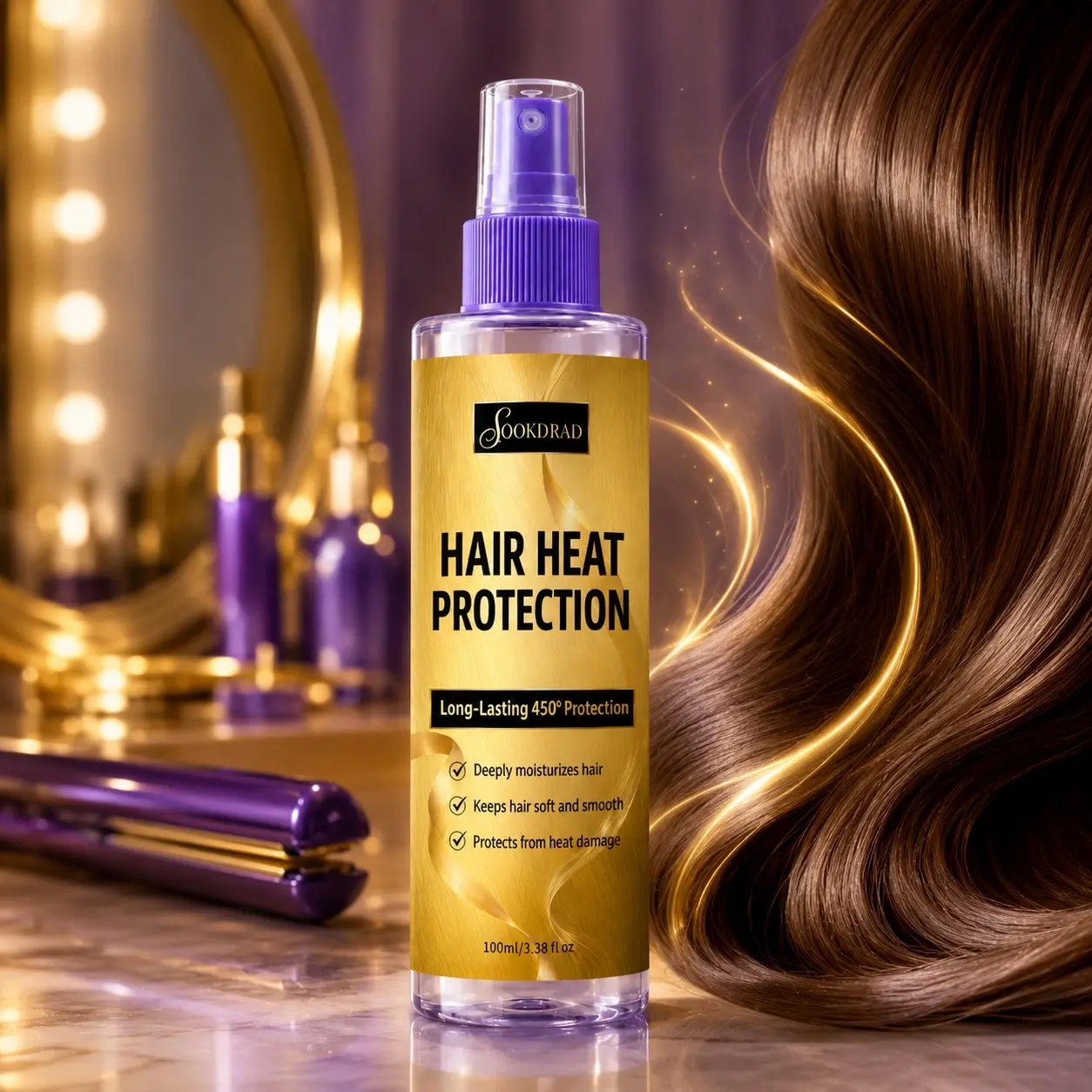Hair heat protection spray, long-lasting 450 degree protection, deeply moisturizes hair, keeps hair soft and smooth, protects from heat damage, for hair, 100ml/3.38 fl oz
