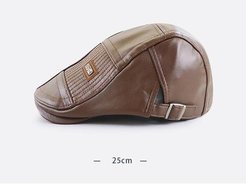 PU Leather Beret Hat Men Autumn Winter Faux Leather Duckbill Newsboy Cap Herringbone Middle-aged Men's Flat Peaked Cap For Dad