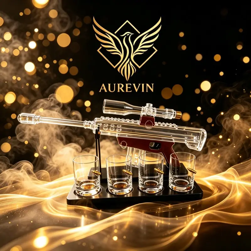 Large Sniper Style Whiskey Decanter Set, Barrett-Inspired Glass Bottle with Scope, 4 Bullet Tumblers, Tray, Bourbon Lover Gift