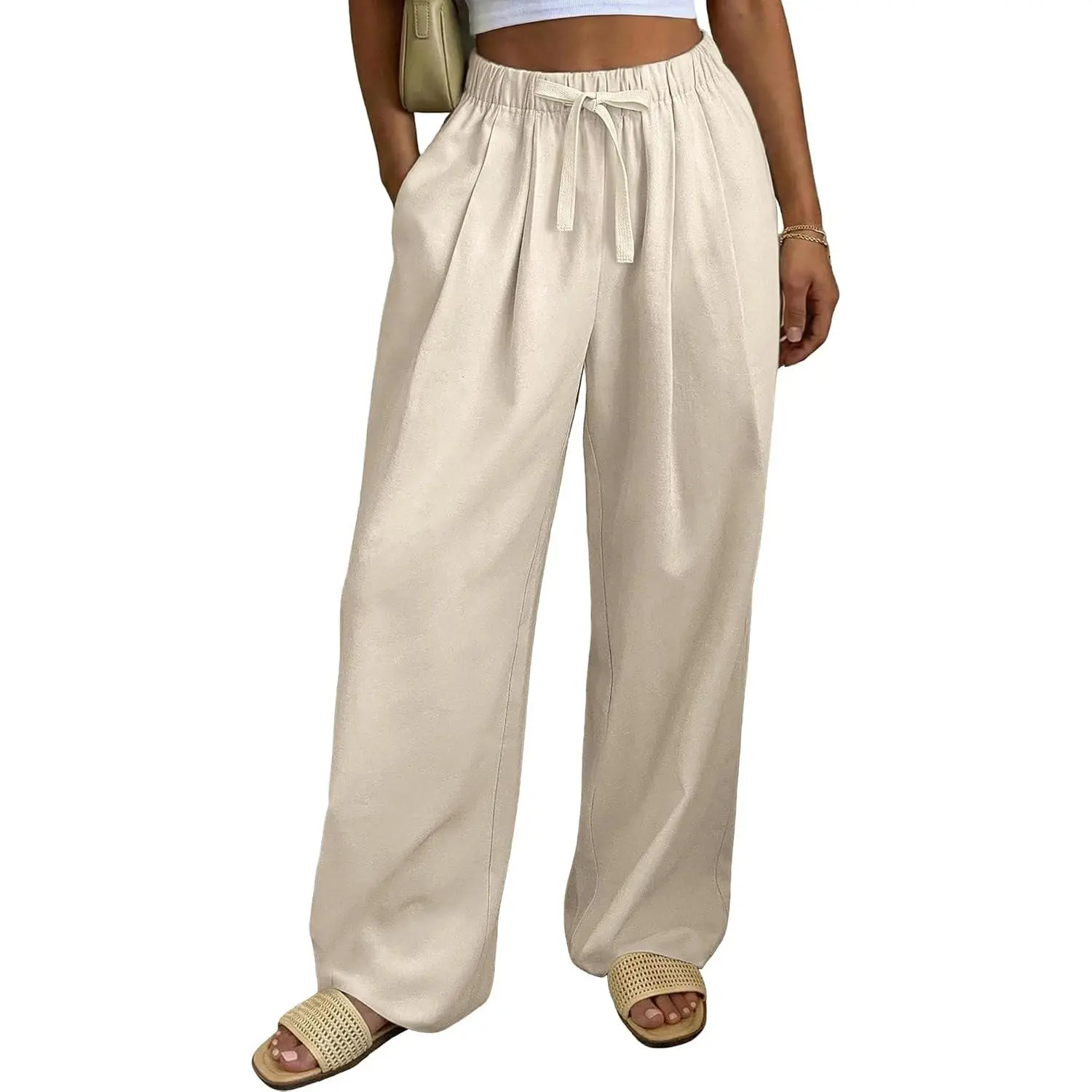 Women's Casual Full Length Palazzo Pants, Wide Leg Loose Fit Linen Cotton Bottom with Drawstring Elastic Waist and Seam Pockets, Comfy Pants