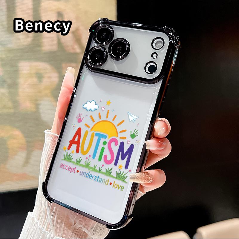 Autism Love & Understanding Pattern Phone Case for iPhone 17 Pro Max 16 15 Plus Air 14 13 12 11 E Electroplated Four-Corner Anti-Fall Protection Cellphone Cover