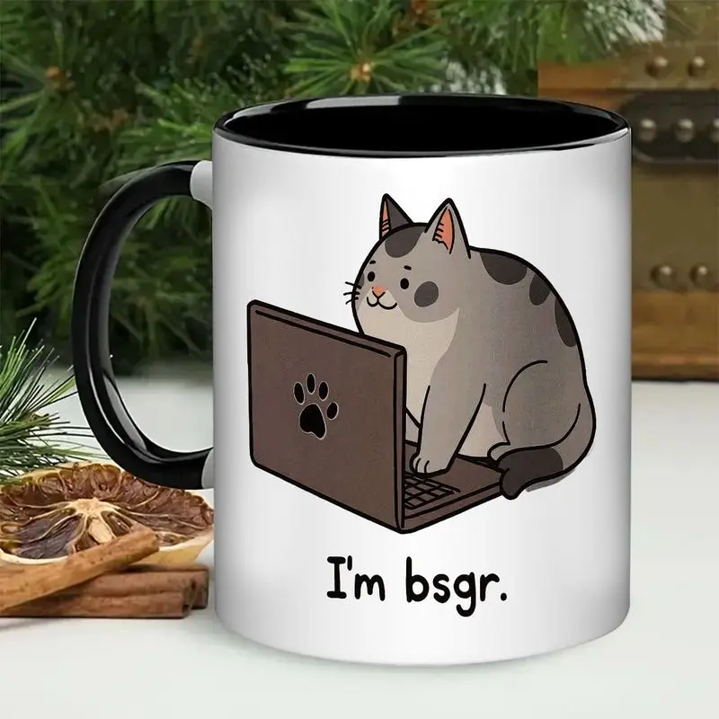 11oz Funny Cat Working on Laptop Mug - Cute Tabby Kitten & "I'm bsgr" Coding Design, Black Interior/Handle Ceramic Cup for Programmers, Students, Coworkers - Gift for Cat Lovers, Coffee, Tea, Hot Chocolate