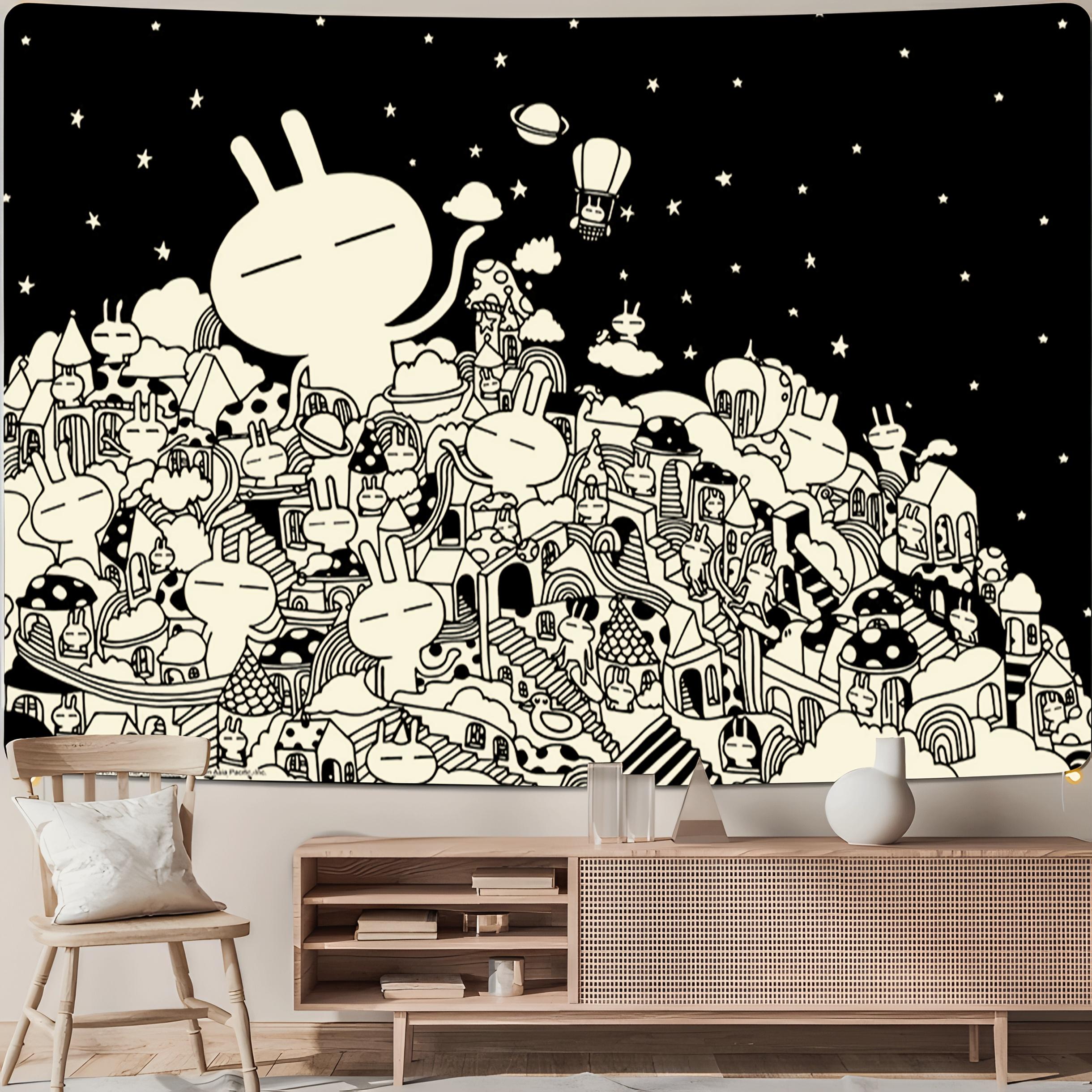 Black and White Minimalist Anime Tapestry - A group of cute characters with smiling, horizontal decoration, suitable dorm rooms, living rooms, office decor - Soft peach-beige, black and white line art, party backdrop, holiday decoration, furniture, minima