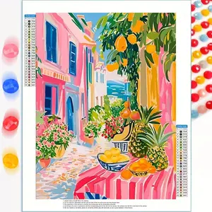5D Diamond Painting Mediterranean Village Fruit Street Landscape DIY Full Drill Art Kit Tropical Orange Pineapple Coastal Town Wall Decor
