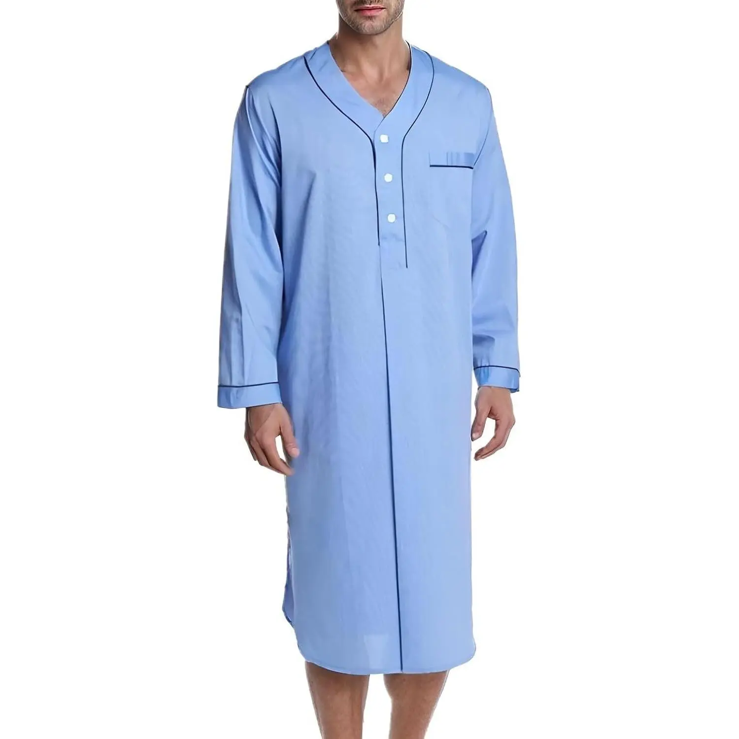 Men's Cotton Nightshirt Thin Long Sleeve Henley Neck Button Long Sleepwear Soft Nightgown for Sleeping Sleep Shirt