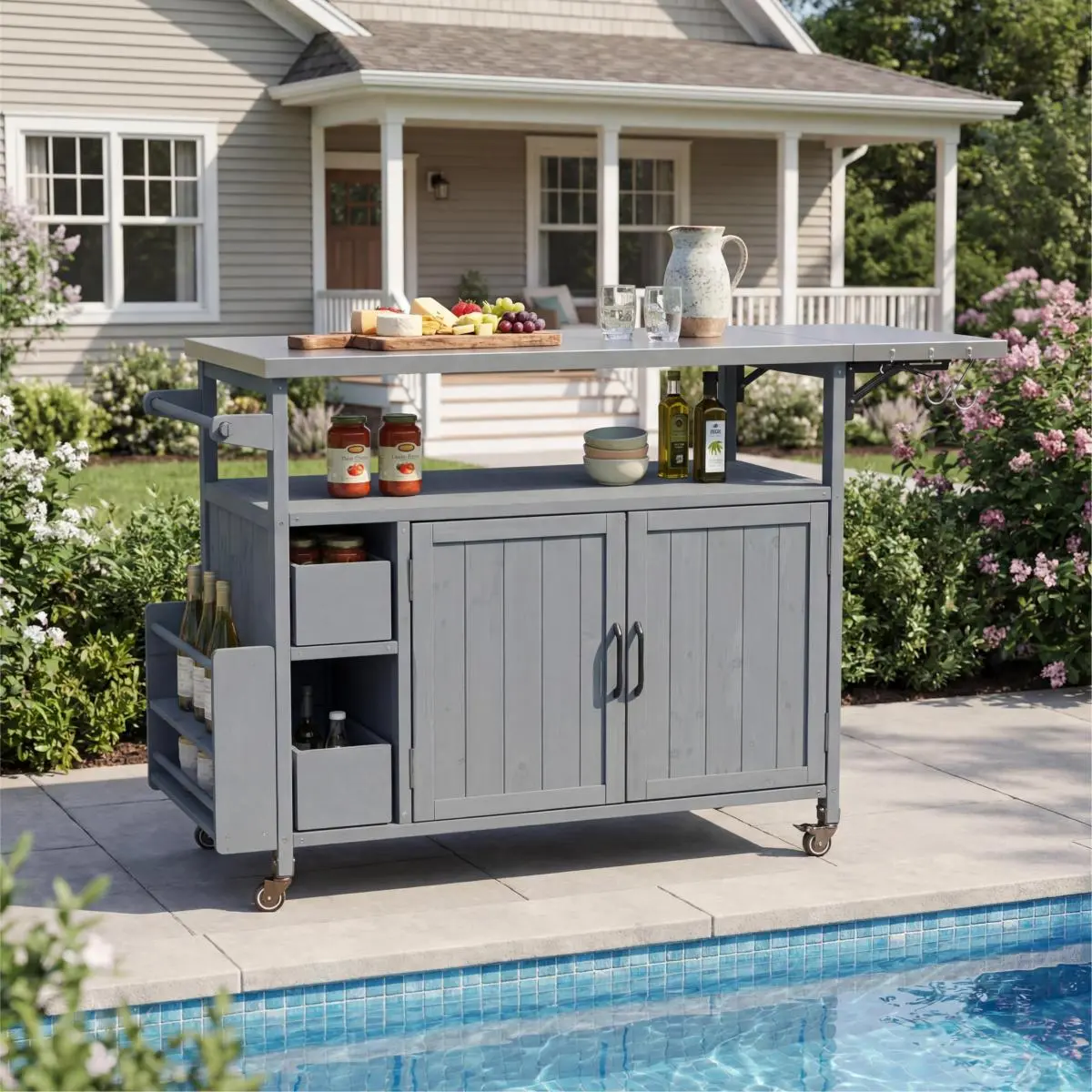54.33" Farmhouse Rolling Outdoor Kitchen Cart, Solid Wood Frame with Stainless Steel Top, Spice Rack, Towel Rack, Lockable Wheels & Multi-Functional Storage for Patio, Backyard BBQ & Kitchen