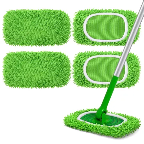 Reusable Polyester Microfiber 10-12 Inch Swiffer Sweeper Compatible Refills, 4-Pack Washable Cleaning Pads - Secure Hold, Streak-Free Clean, Hardwood-Safe, Absorbent for Dry/Wet Floor Cleaning (Mop Not Included, Saves Money)