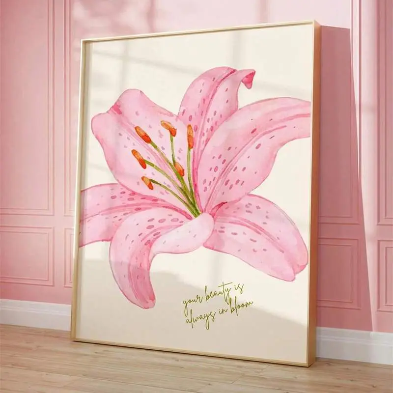 1pc Pink Lily Flower Art Canvas Wall Hanging: "Your Beauty Will Bloom Forever" Canvas Wall Art, Fashionable Girl Art, Inspirational Quote Art, Home Decor