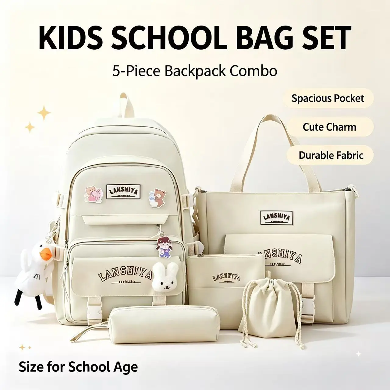 5pcs Solid Color Backpack Set, Large Capacity Double-Shoulder Bag, Simple Tote, Pencil Bag, Casual Crossbody, Lightweight Student Backpack Set with Ducky Charm, 3 Badges, and Rabbit Charm, Canvas Material, Position Print, Zip Closure, Hand
