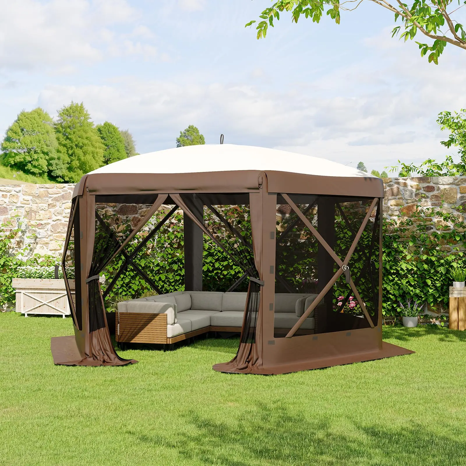 Garvee 13×13 ft Pop-Up Screen Tent with 6 Removable Wind Panels, Mesh Gazebo Canopy for Camping, Backyard & Patio, Khaki