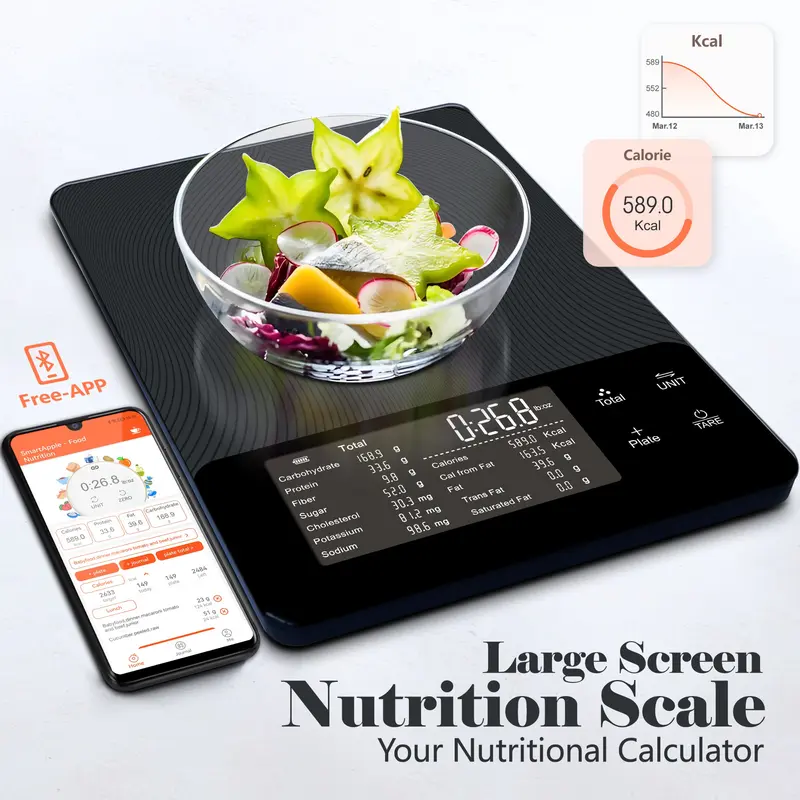 1PCS Smart Food Kitchen Scale with Nutritional Calculator, Free App for 30 Nutrients Tracking, Grams/Ounces Display, Calorie & Macro Tracking, Meal Prep, Portion Control, Fitness & Weight Loss Tracking,10kg/22lb,Ideal Gift for Bakers & Home Cooks