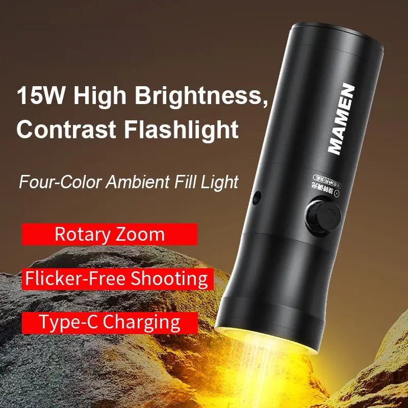 RGB Photography Flashlight, 4-Color Lighting, 10 Pattern Filters, 15w Portable LED Video Spotlight, Sunset Light for Photography & Content Creation, Rechargeable Video Light