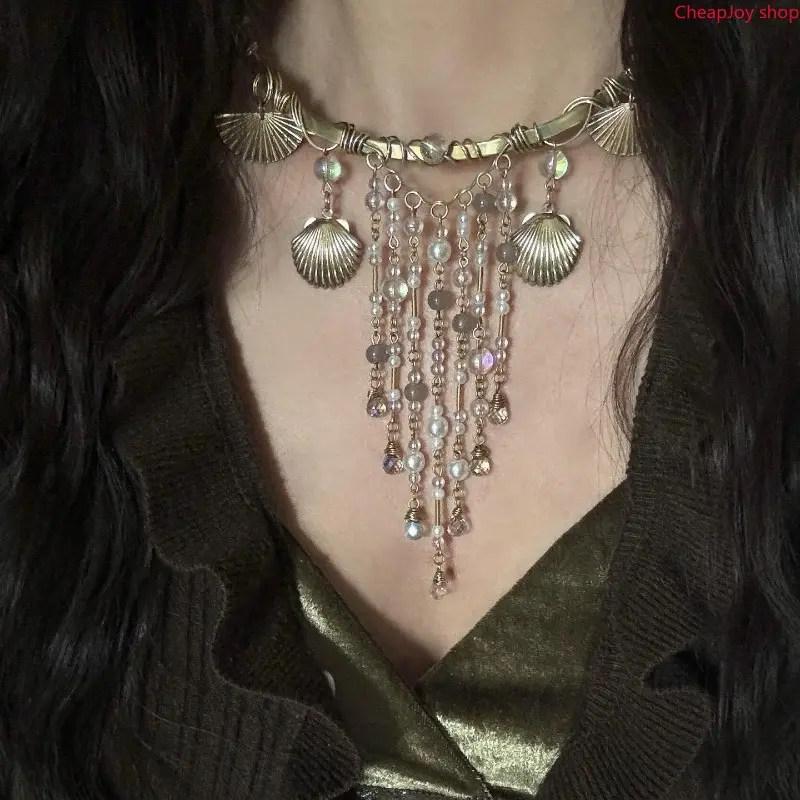 Vintage Antique Bronze Tassel Necklace, distressed aged metal embedded with natural shell and sparkling crystal, niche subtle luxury women jewelry for daily street styling, romantic dates and retro themed party matching