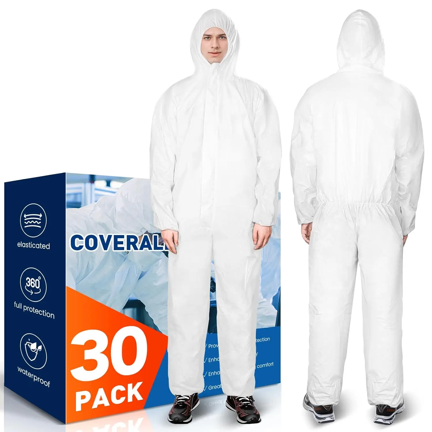 30 Pack Disposable Protective Coveralls, Heavy Duty Full Body Painters Suit for Men & Women with Elastic Wrists, Ankles and Hood, Available in 4 sizes-X-Large