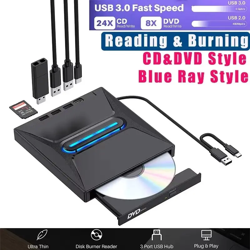 External CD DVD Blue Ray Drive for Laptops, USB 3.0 Portable Burning Player, 3 USB Ports USB Hub, Type-C, TF/SD Slot, Compatible with Windows 11/10/8/7, Macbook