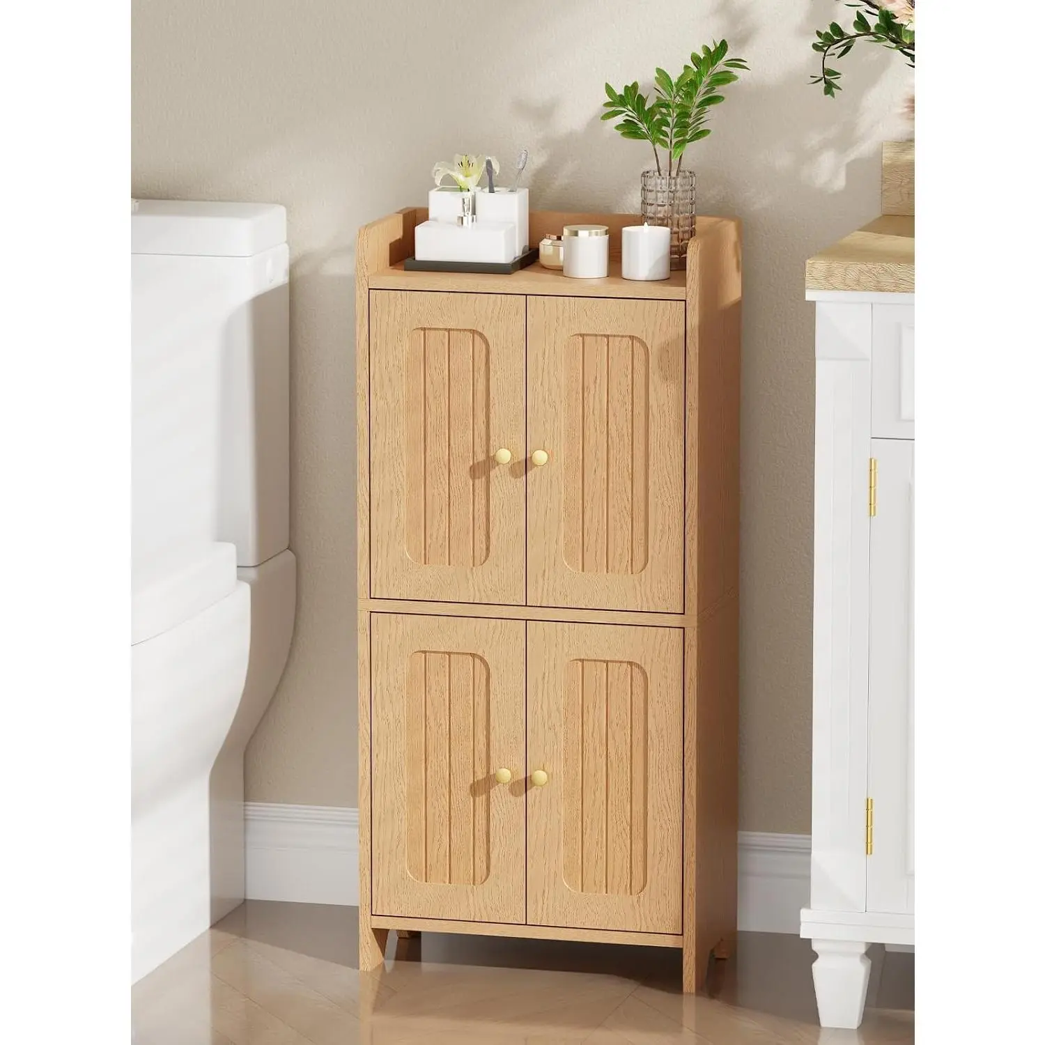 Small Floor Cabinet, Toilet Paper Storage, Bathroom Storage Cabinet with 4 Doors and Shelves, Bathroom Organizers and Storage for Small Spaces,  7.9" D x 14.6" W x 31" H YYG11Y