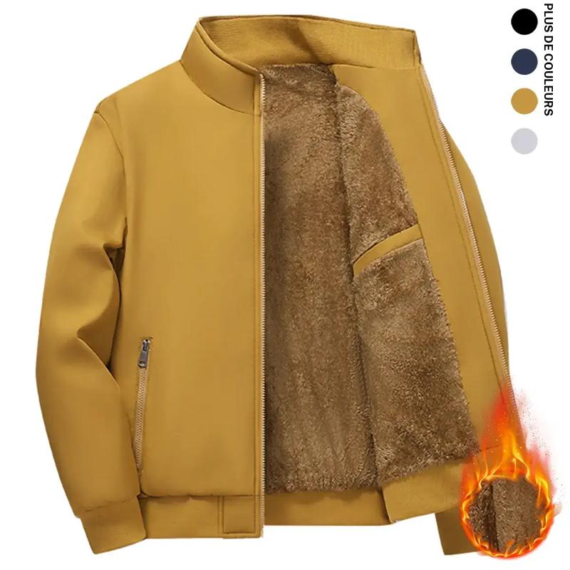 Men's Fleece Lined Thickened Jacket Winter Warmth Coat with Stand Collar, Full Zip，Windproof Outer Shell, Side Pockets, Elastic Cuffs & Hem for a Snug Fit, Ideal for Casual Outings, Outdoor Adventures & Daily Wear，Menswear Tops Long Sleeve