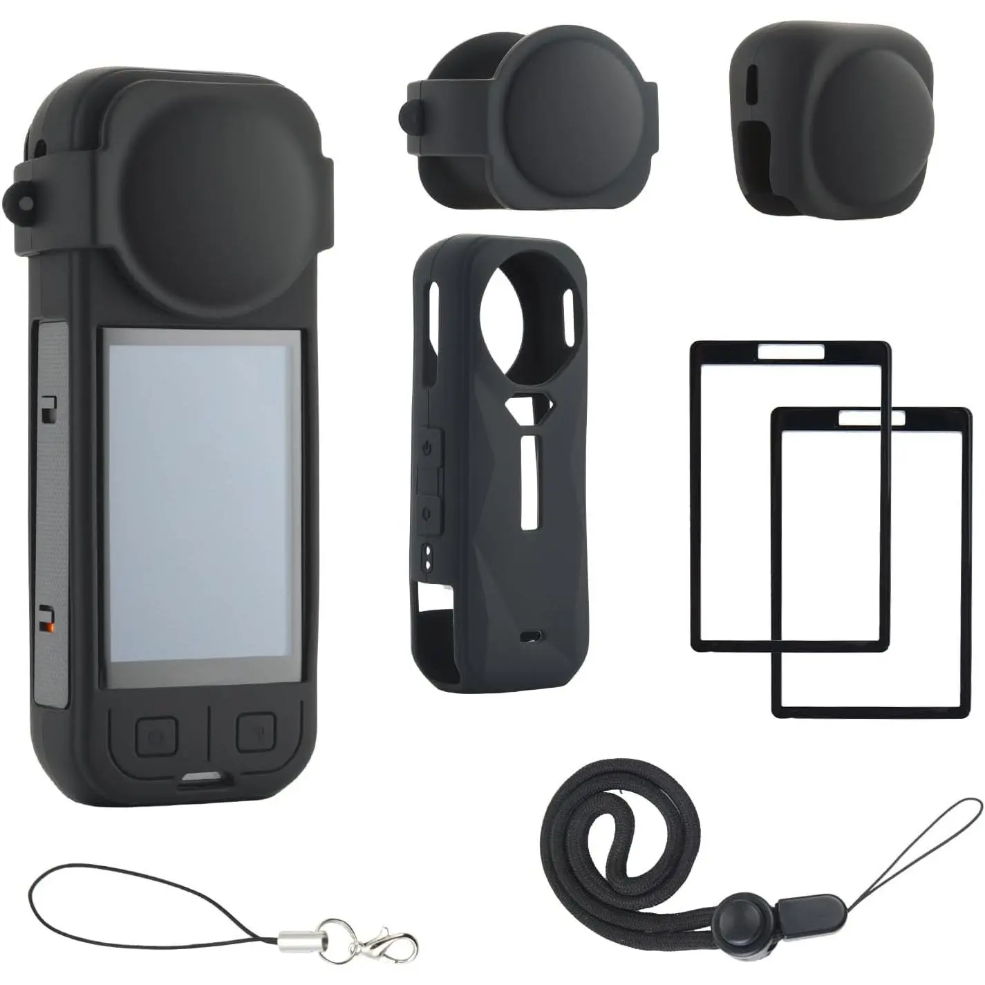Protective Case Kit for Insta 360 X5 Accessories, Black | Drop-Proof Soft Protective Case with Lens Guard, Wrist Strap, 2-Pack Tempered Glass Screen Protector for Insta 360 X5