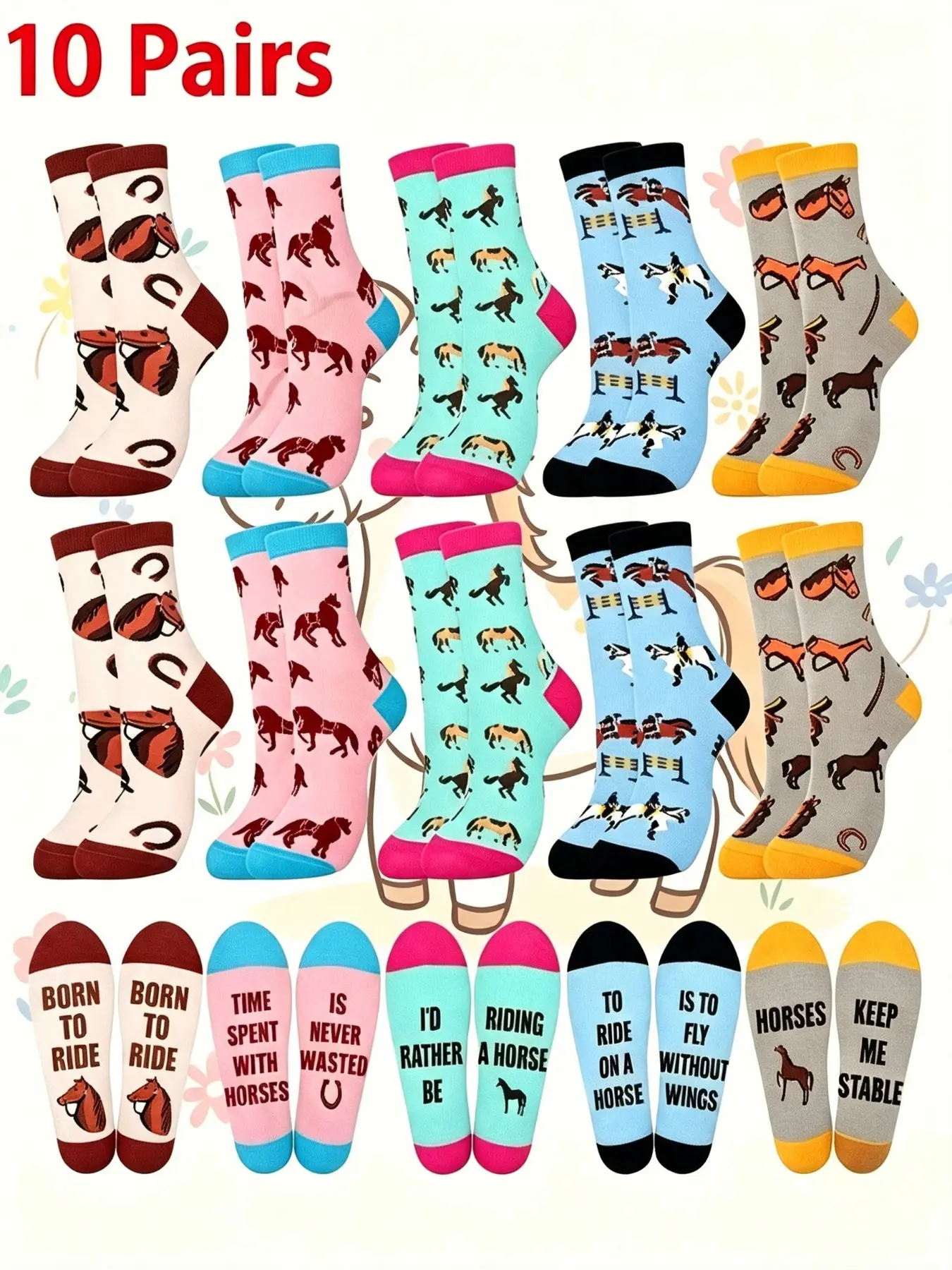 10 Pairs Colorful Horse Cartoon Women's Casual Socks Set, Fun Text Print, Stretchy Comfort, Perfect for Outdoor Events, Gift Idea