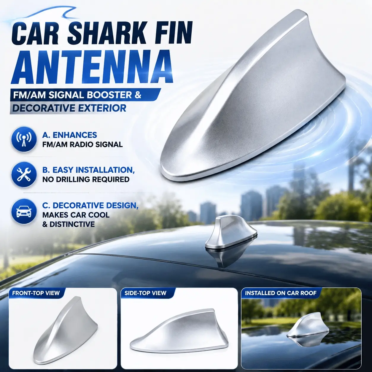 Universal Stick-On Shark Fin Antenna | Boosts AM/FM Radio Signal, Tool-Free Peel & Stick Install, Waterproof & Durable, Sporty Look, Paint-Safe, Fits Any Car, Instant Upgrade!