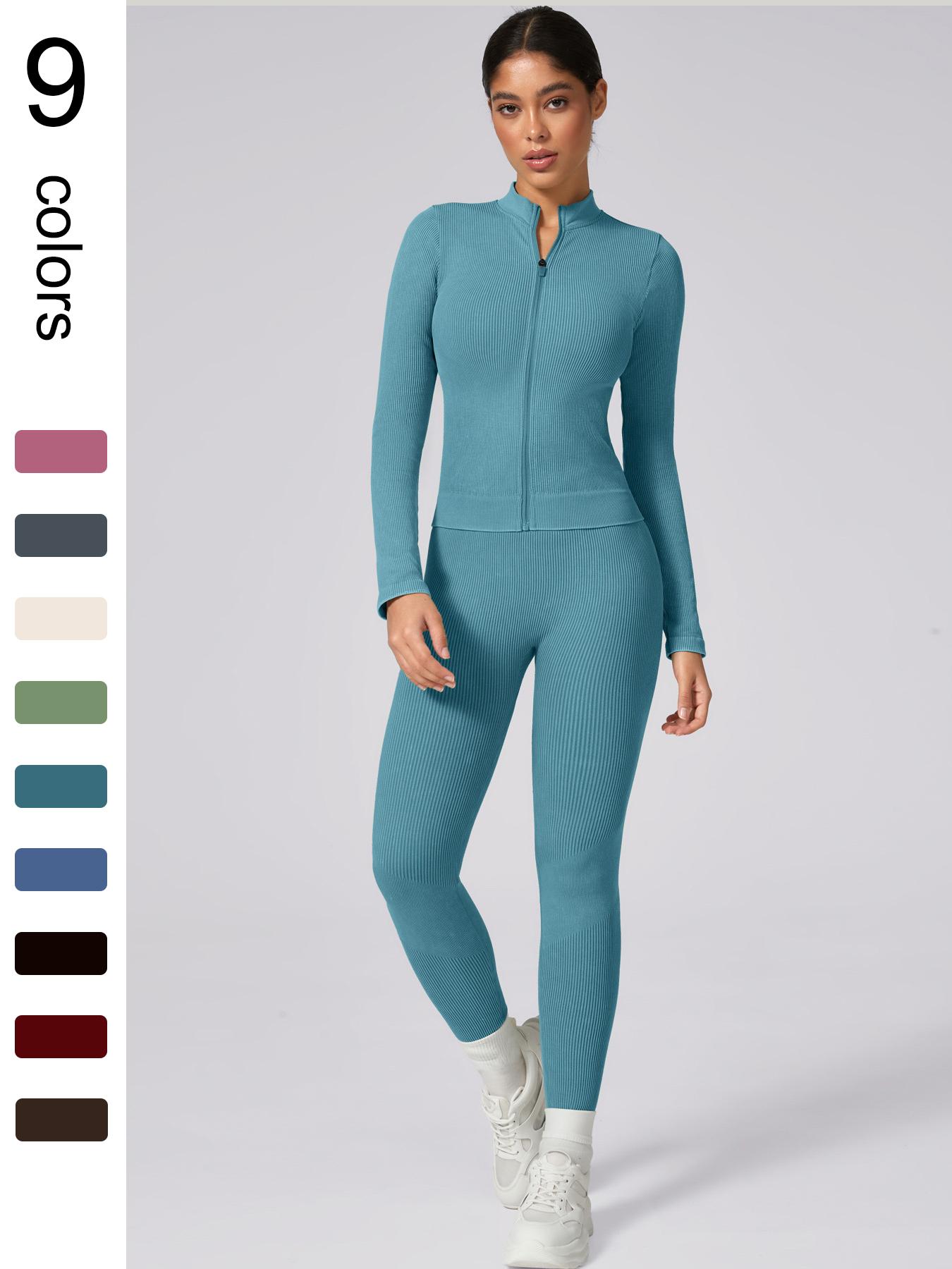 Women's Plain Tracksuit Set, Sports Zip Up Crop Jacket & High Waist Leggings, Ladies Spring & Fall Clothes, Gym Wear, Yoga Suit Outdoor