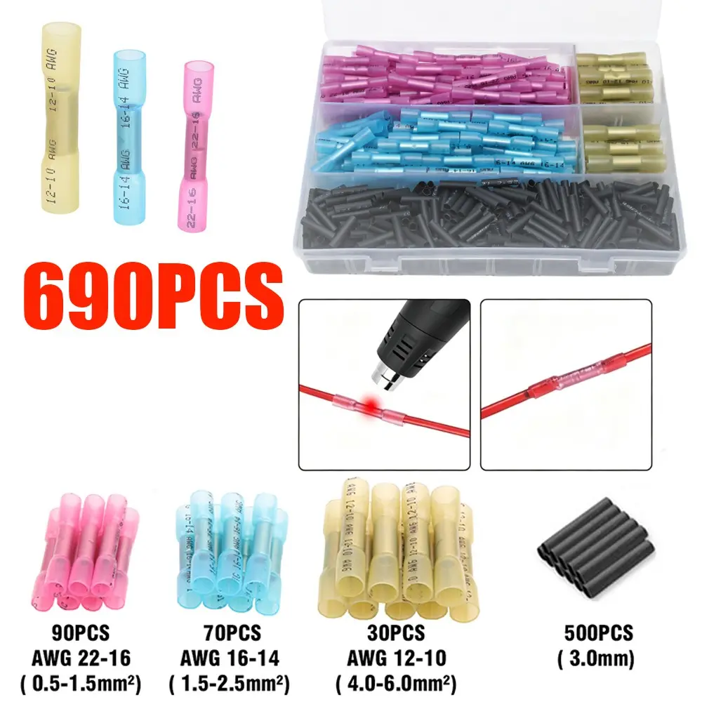 690pcs Full Insulation Heat Shrink Connectors, Waterproof Crimp Terminals, Soldering Sleeves, Heat Shrink Wire Ends, Cold Press Terminals, Waterproof Connector Set, Crimping Terminals