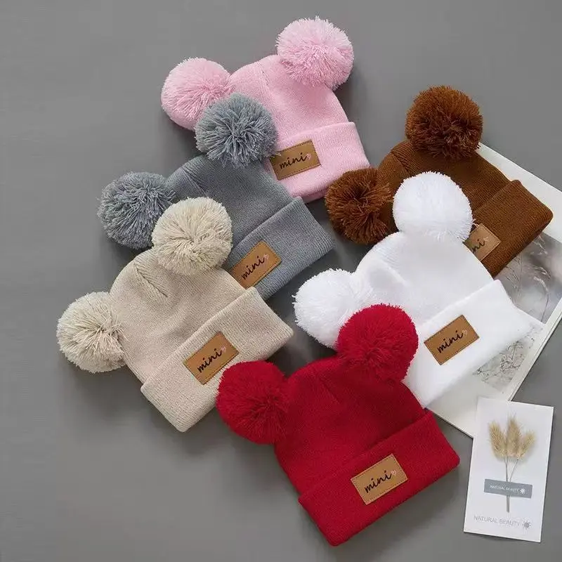Autumn Winter Kids Knitted Beanie, Cute Pom Pom Letter Warm Hat for Toddler Boys & Girls