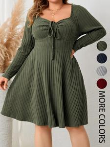 【plus size】 solid drawstring sweetheart neck a line dress, fall outfits, fallfreshness casual long sleeve ribbed dress for fall , women's fall clothes for daily wear, fall vintage girly clothes, downtown girl clothes valentine's day, gift