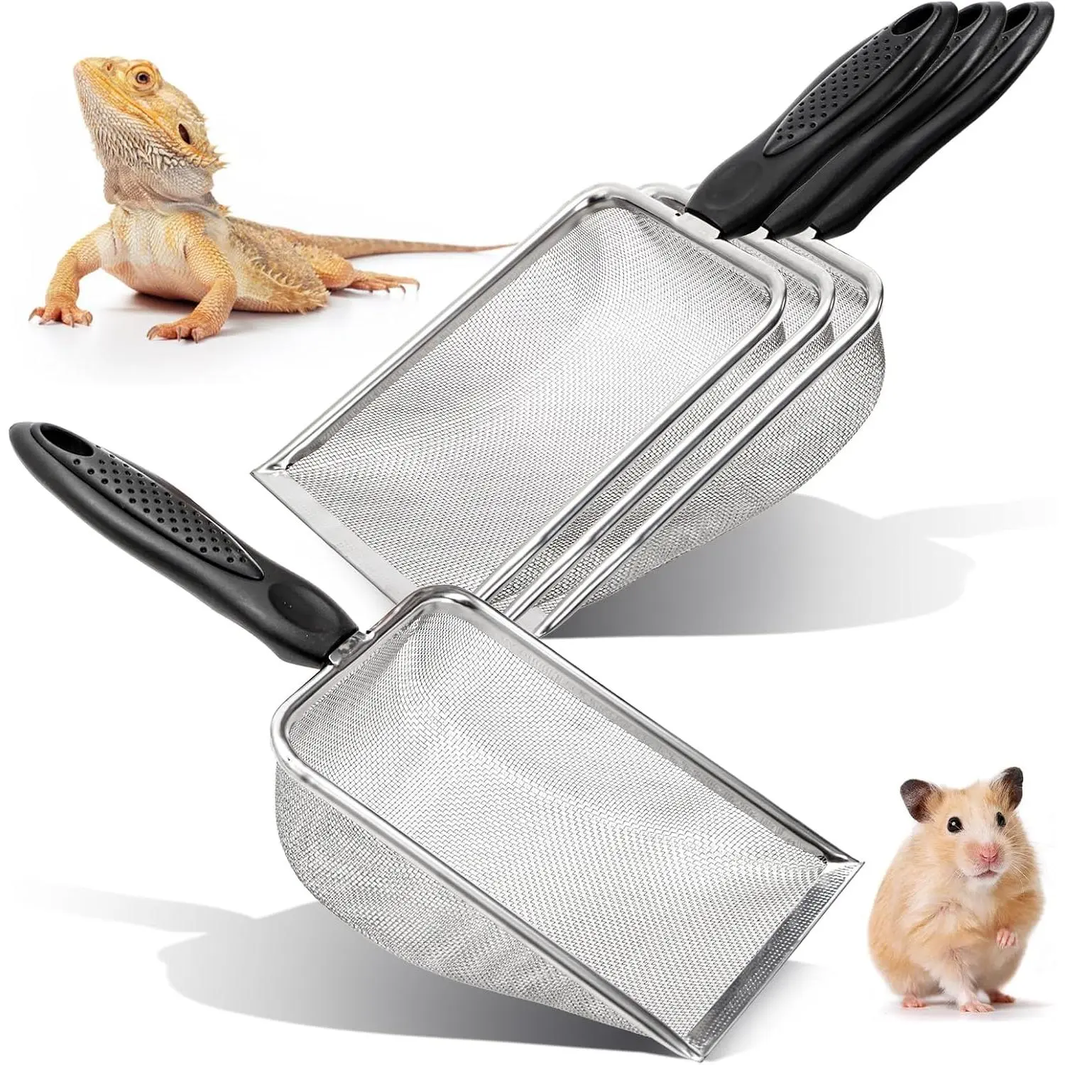 4 Pcs Stainless Steel Small Mesh Scooper, Hamster Fine Sand Bath Scooper, Reptile Rabbit Litter Sand Waste Scoop, Beach Mesh Shovel for Shell Collecting, Shark Tooth Sifter, 1mm Hole