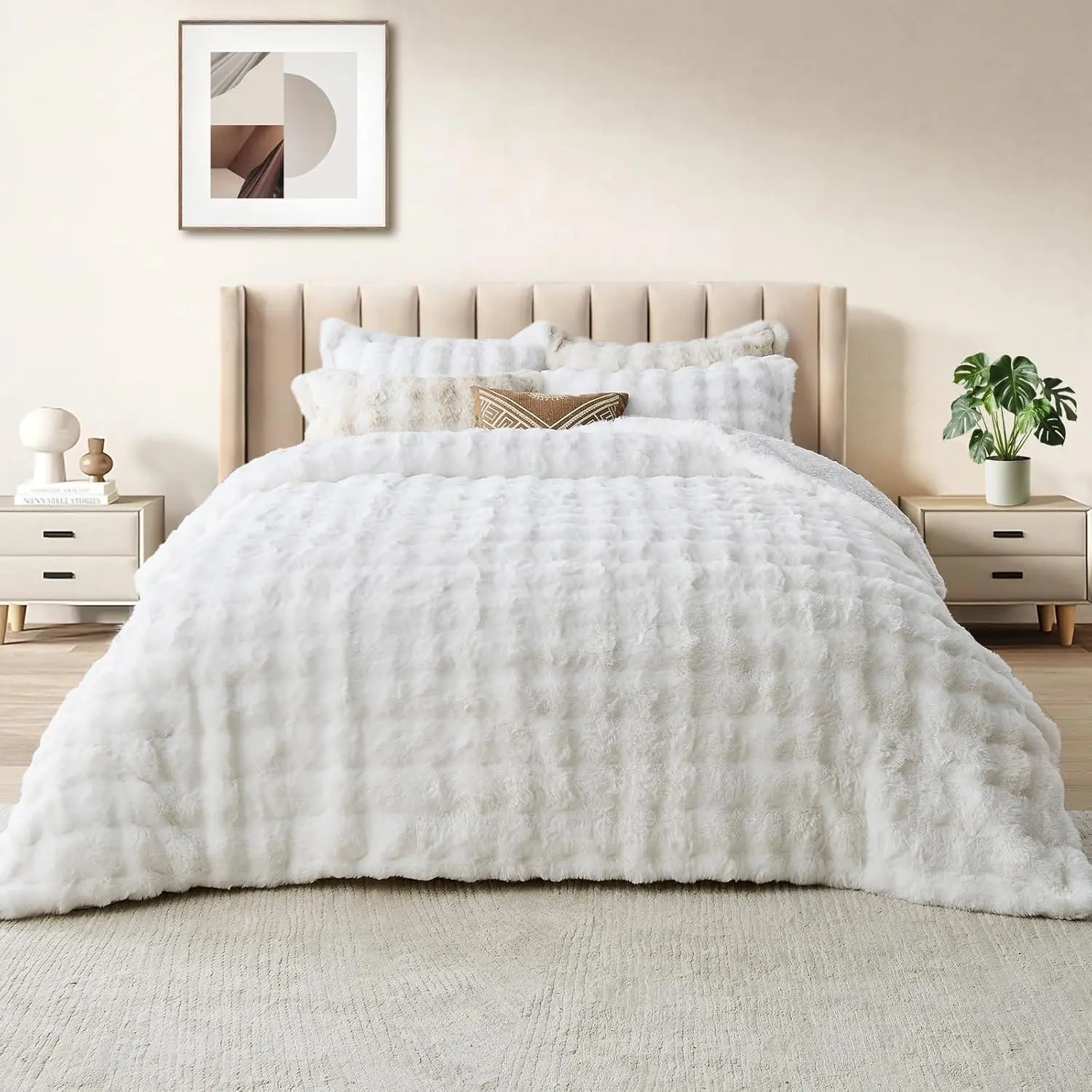 3 count  Faux   Comforter Set  Size White Plush Fuzzy Bubble Comforter Bedding Set Warm Cozy Bedding Comforter Sets for Winter, 1 Comforter and 2 Pillowcases
