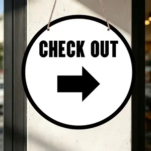1pc Round Aluminum Check Out Sign, Black Right Arrow Checkout Indicator Wall Sign, Commercial Prompt Sign, Suitable For Supermarket Restaurant Checkout Hotel Hotel Parking Lot Payment Payment Guide Sign, Easy To Hang