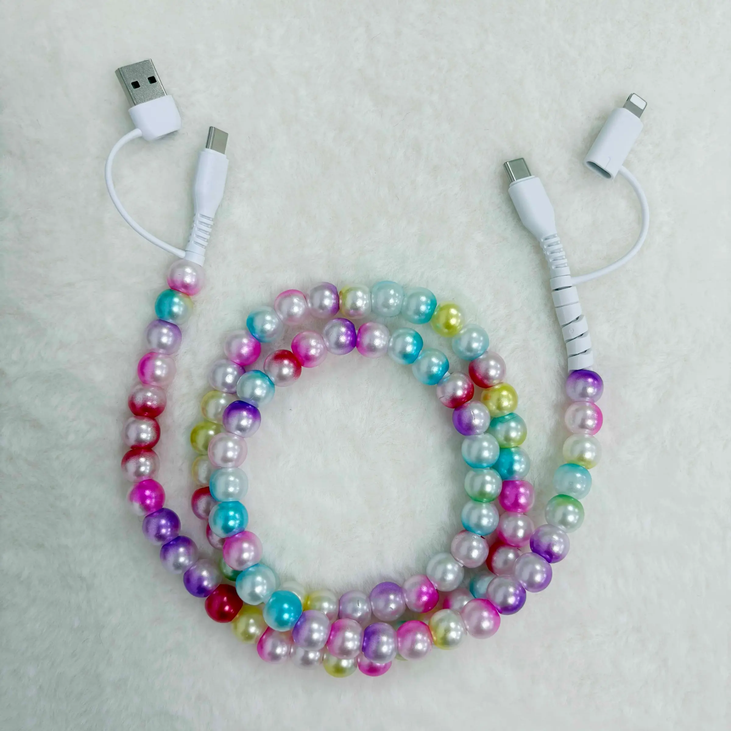 4 in 1 Rainbow Beaded Charging Cable Colorful Gradient USB Charger Cable Beautiful Cable 1m for Mobile Devices Cellphone