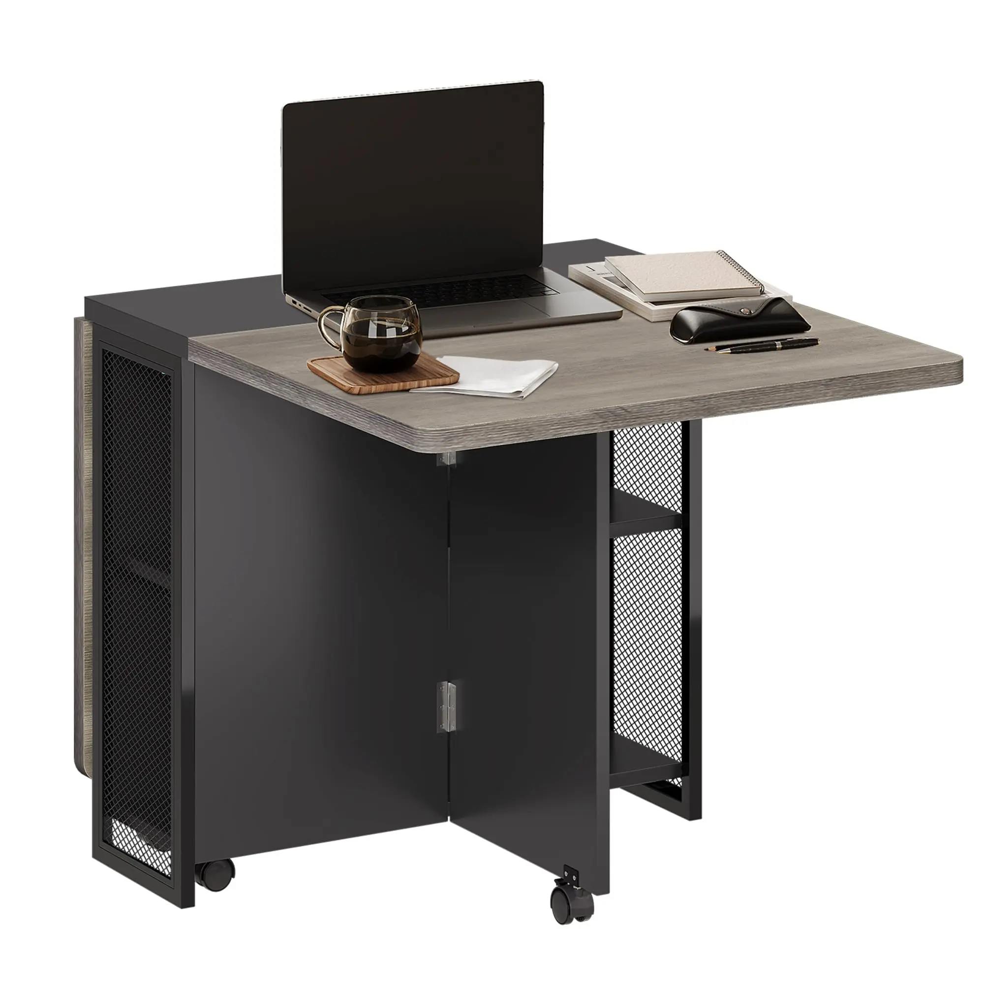 GARVEEFoldable Dining Table with 6 Wheels, Drop Leaf Design, and 2-Layer Storage Shelf, Compact and Space-Saving for Small Rooms, Carlo Wood Finish, Dimensions 47.2" D x 23.6" W x 29.5" H