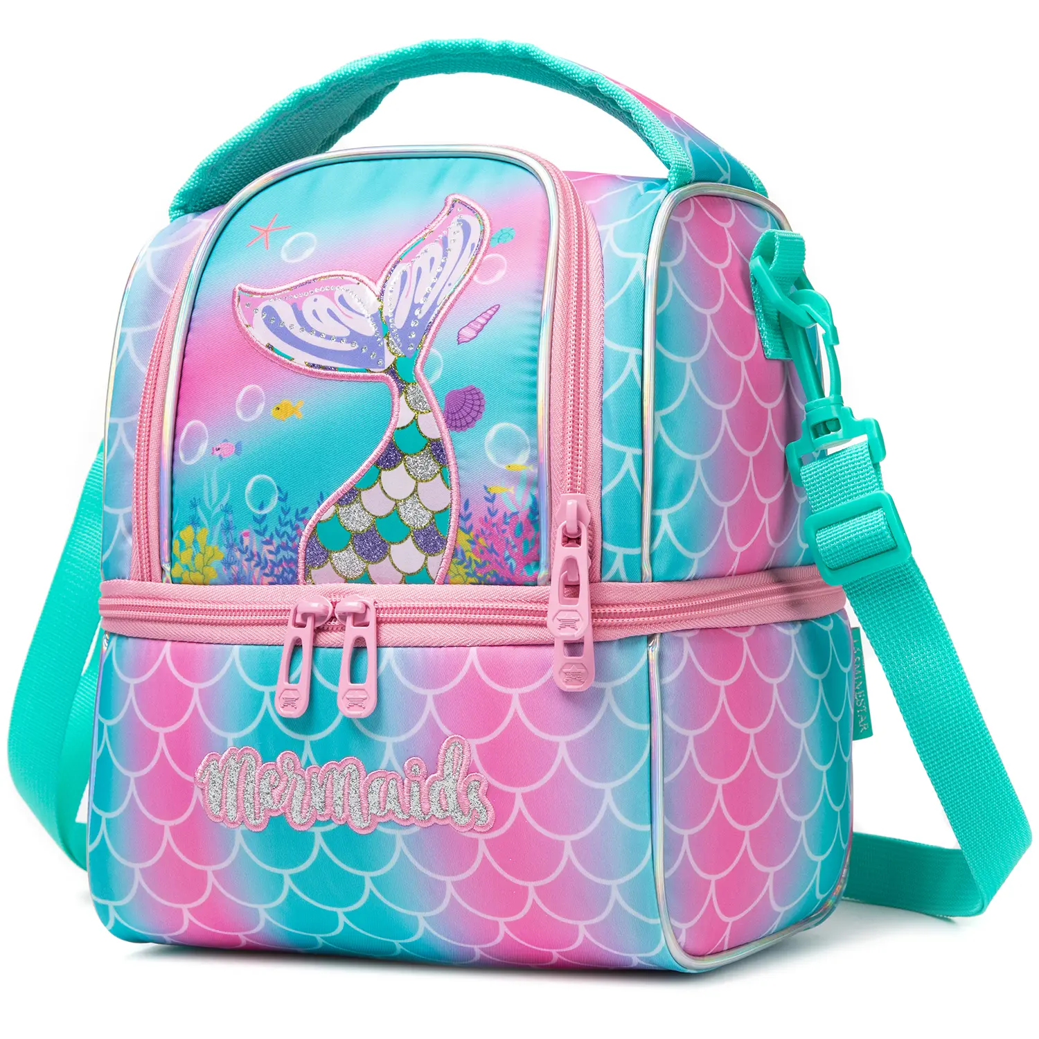 Double Deck Mermaid Insulated Lunch Bag, Glitter Embroidery Mermaid Tail Kids Thermal Cooler Bag with Adjustable Shoulder Strap, Gradient Scale Pattern Girls School Picnic Food Tote