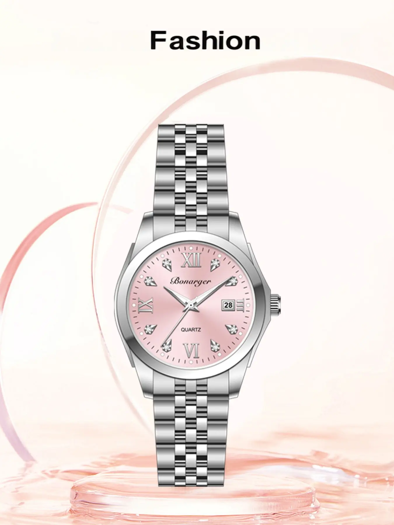 Elegant Women's Quartz Watch, Rhinestone Dial & Roman Numerals, Stainless Steel Band, Calendar Function, Perfect for Daily Wear & Gifts