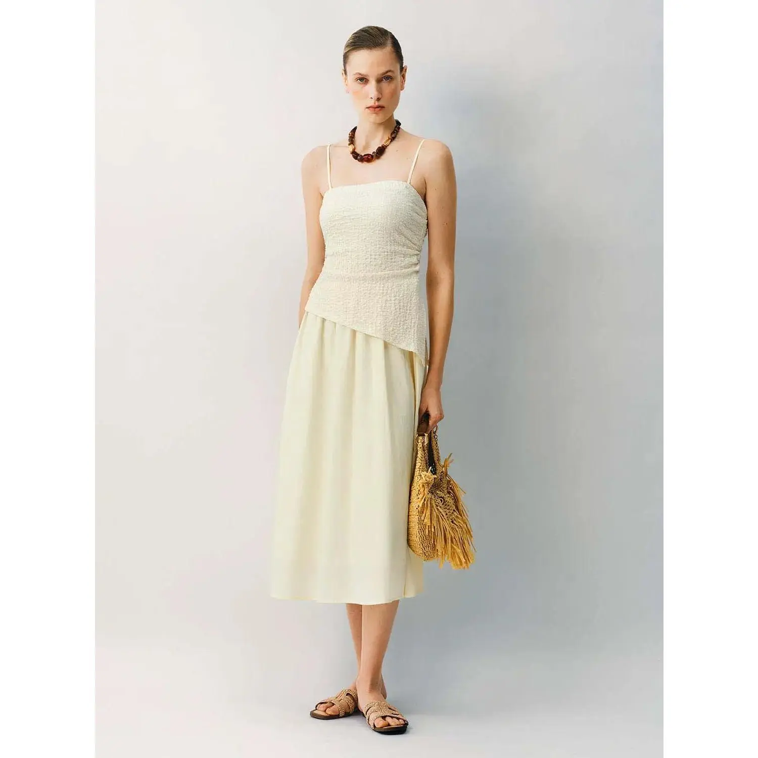 URBAN REVIVO Women's Strappy A-Line Midi Dress with Ruched Polyester Bodice and Asymmetrical Cotton Wrap Skirt, Smooth, Minimalist, Sleeveless, Shell, Fitted, Formal, Slender, Polyester/Cotton, Ruched Bodice