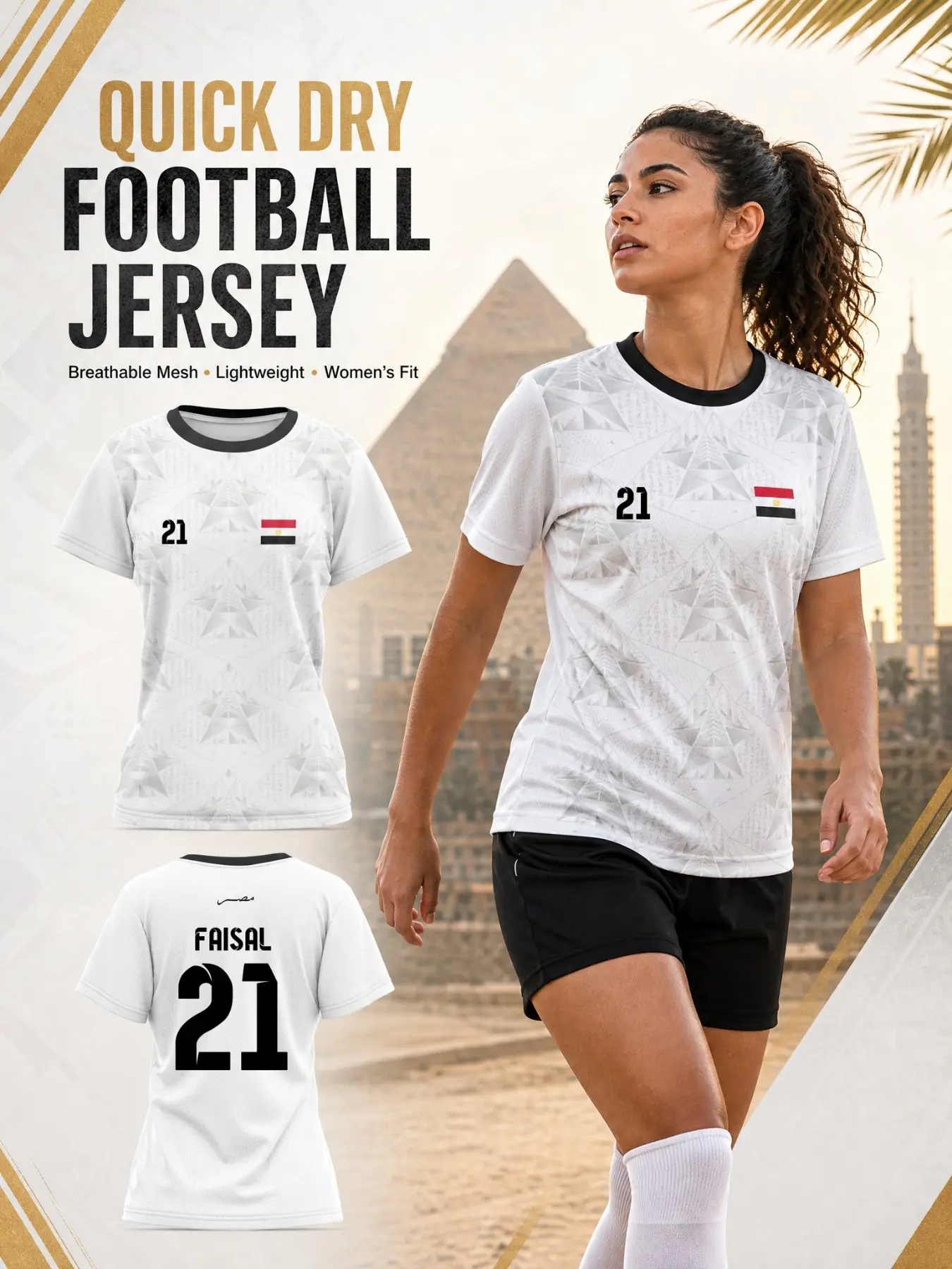 Egyptian Print Women's Quick-Dry Soccer Jersey, Football Jersey, Moisture-Wicking Mesh Sport T-Shirt, Breathable Athletic Top, Geometric Short Sleeve, Ideal for Egypt Fans