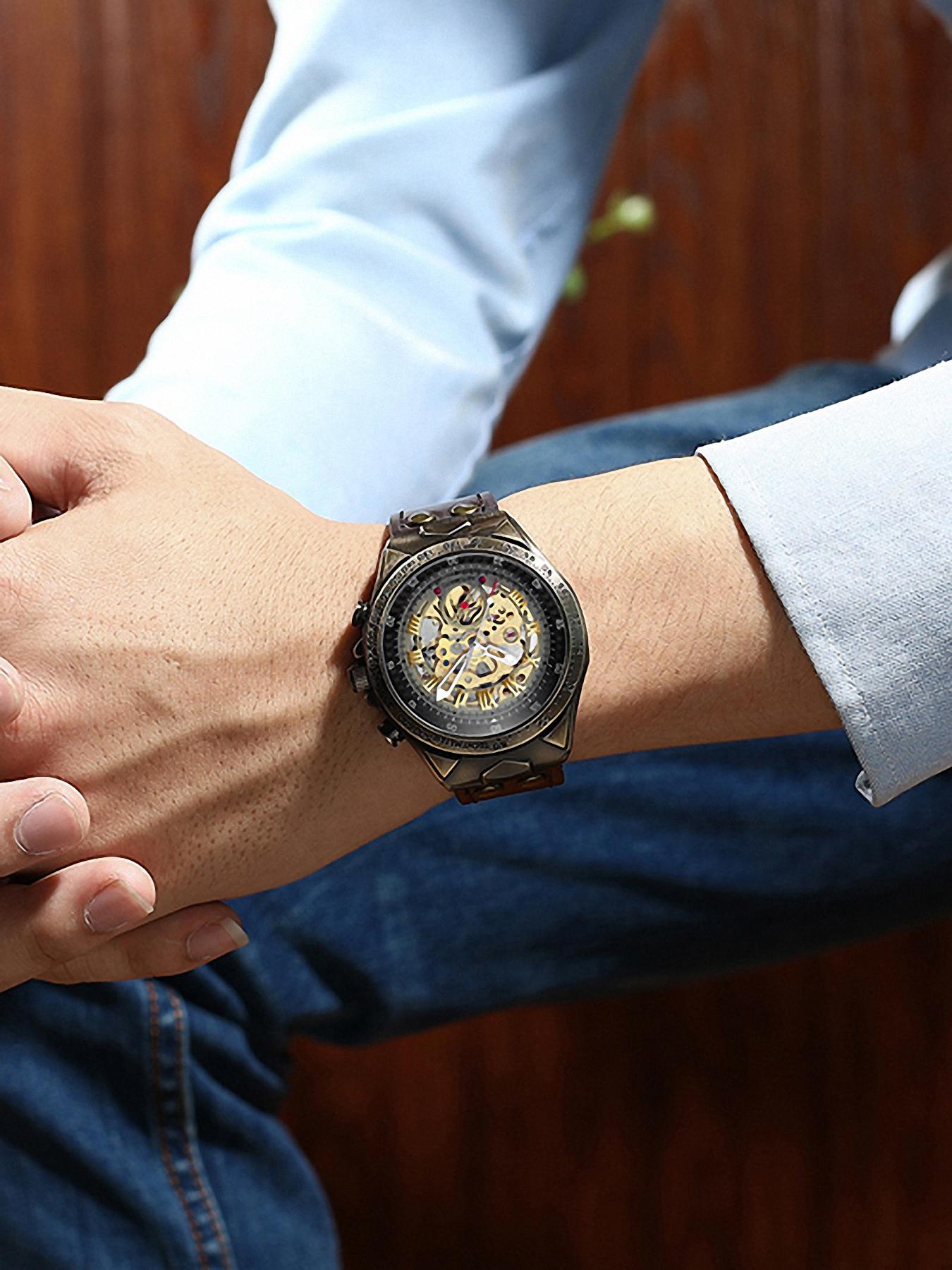 Men's Vintage Automatic Mechanical Watch, Fashionable Stylish Watch, Fashion Luminous Hands Watch for Party, Daily Clothing Decor, Watch for Birthday Gift with Box, Mechanical Style Watches detail 6