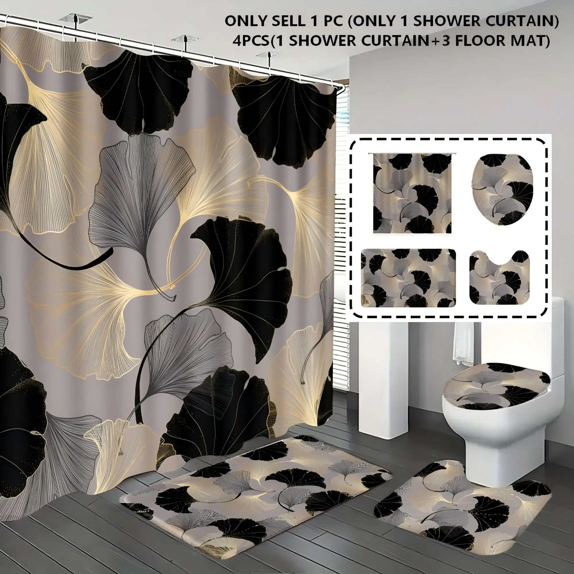 1pc/4pcs, Bohemian Shower Curtain, bathroom curtains shower, shower curtain sets, bathroom decor, bathroom rug, bathroom mat, Ginkgo biloba pattern, with 12 hooks, Boho Shower Curtains For Bathroom, Bathroom Accessory