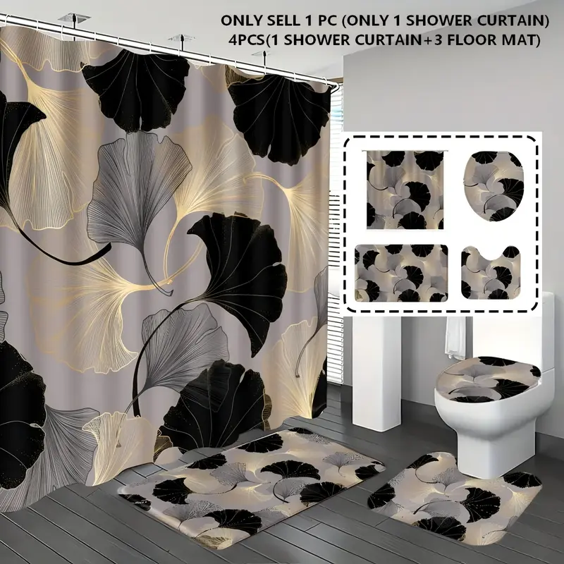 1pc/4pcs, Bohemian Shower Curtain, bathroom curtains shower, shower curtain sets, bathroom decor, bathroom rug, bathroom mat, Ginkgo biloba pattern, with 12 hooks, Boho Shower Curtains For Bathroom, Bathroom Accessory