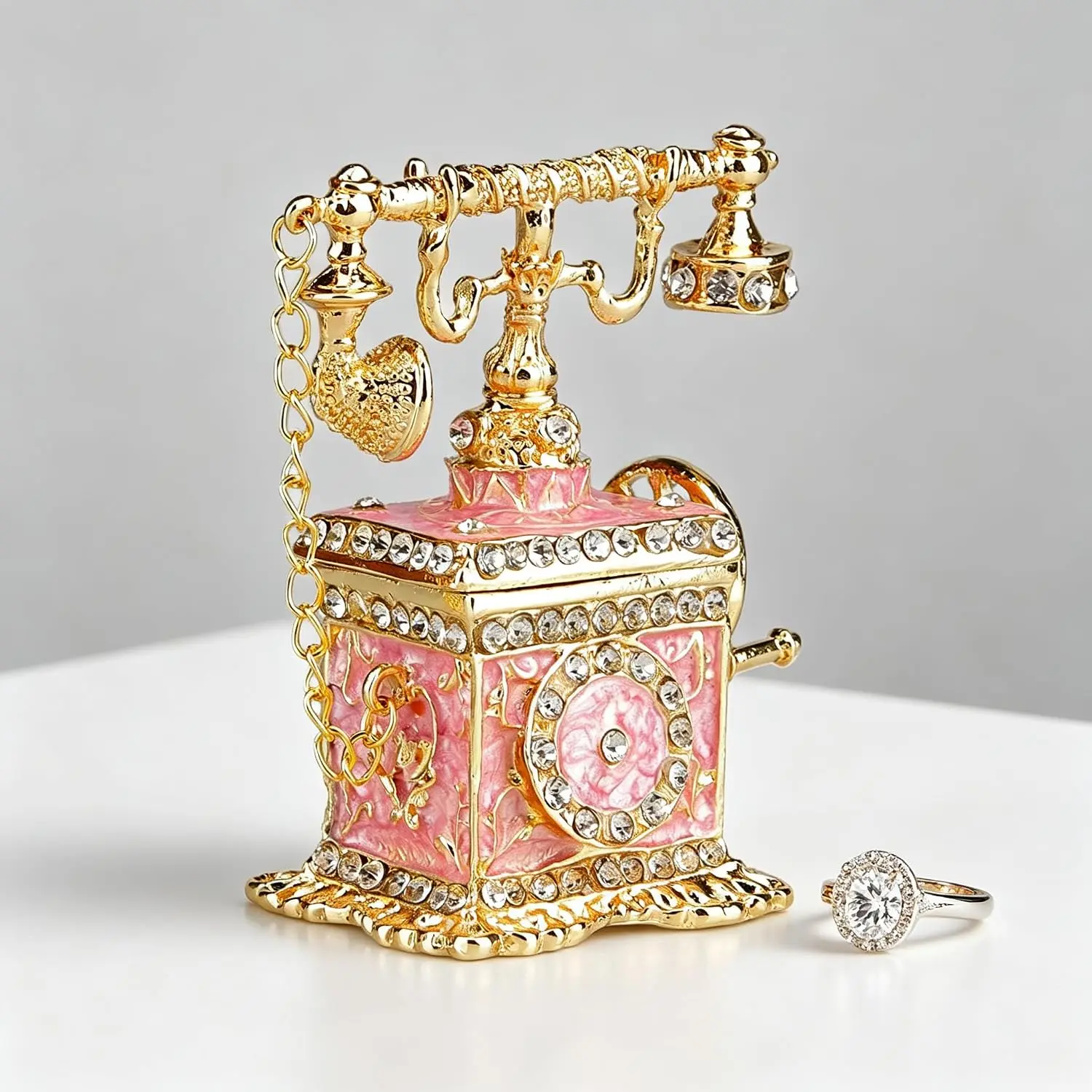 Telephone Figurines Enameled Trinket Box Hinged Decorative  Boxes Collectibles Gifts for Girls or Women