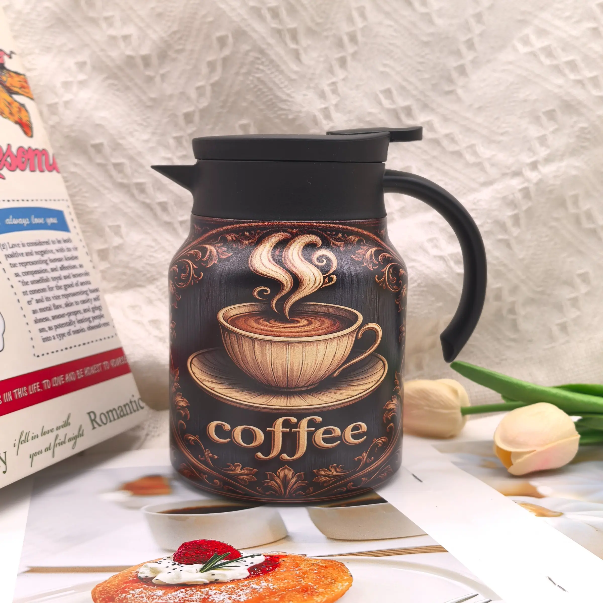 1pc/34oz/1000ml/Insulated Flask,Double Walled Insulated Coffee Pot,Stainless Steel Tea Kettle With Handle And Lid,Ornate Carved Coffee Cup Motif, Decorative Scroll Frame, Festive Gift Option,Warm Gifts For Family And Friends,Summer Party Gifts