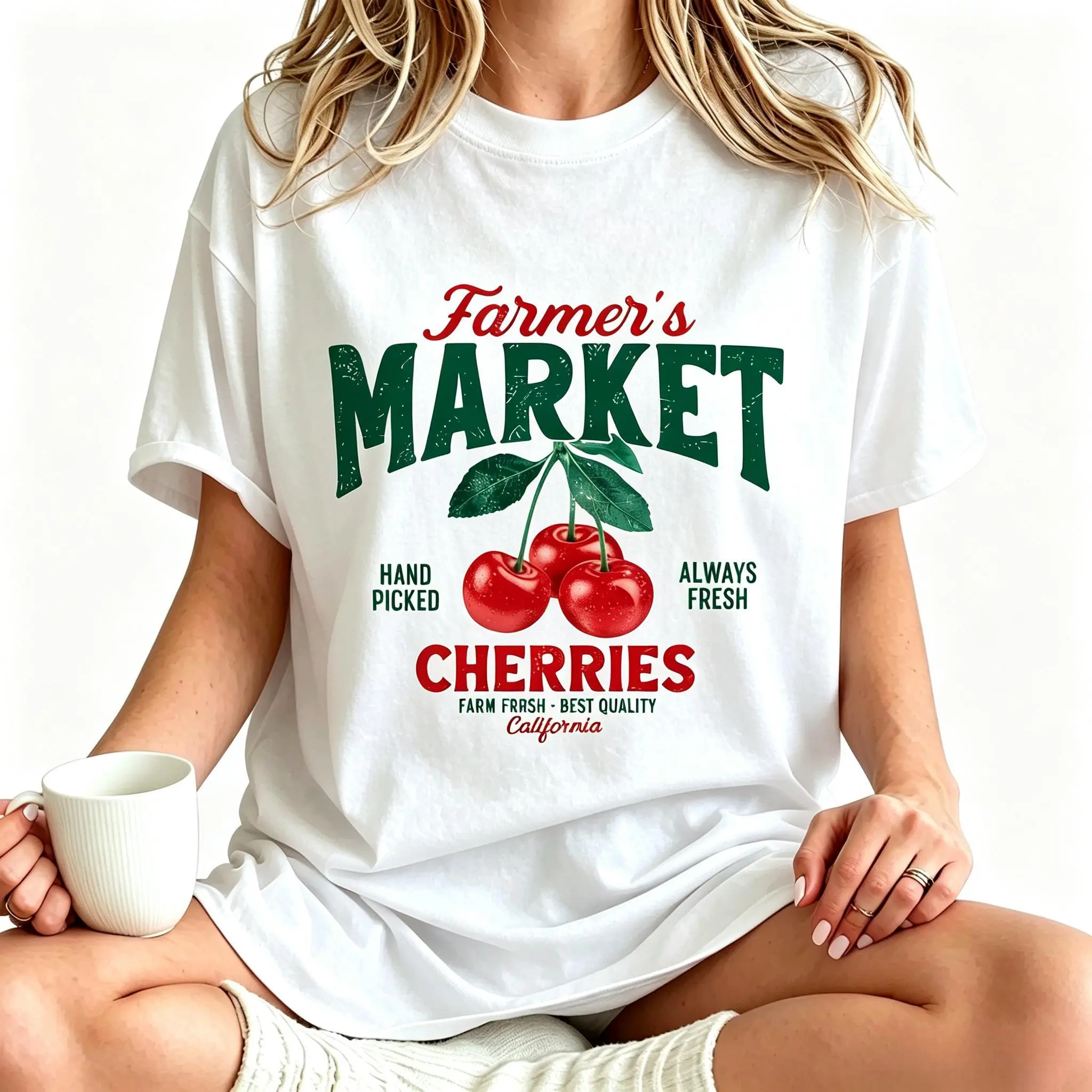 Women's White Casual Round - Neck T - Shirt,Farmer's Market Cherry Retro Graphic T-Shirt, Women's 100% Cotton Vintage Fruit Tee Black Cute