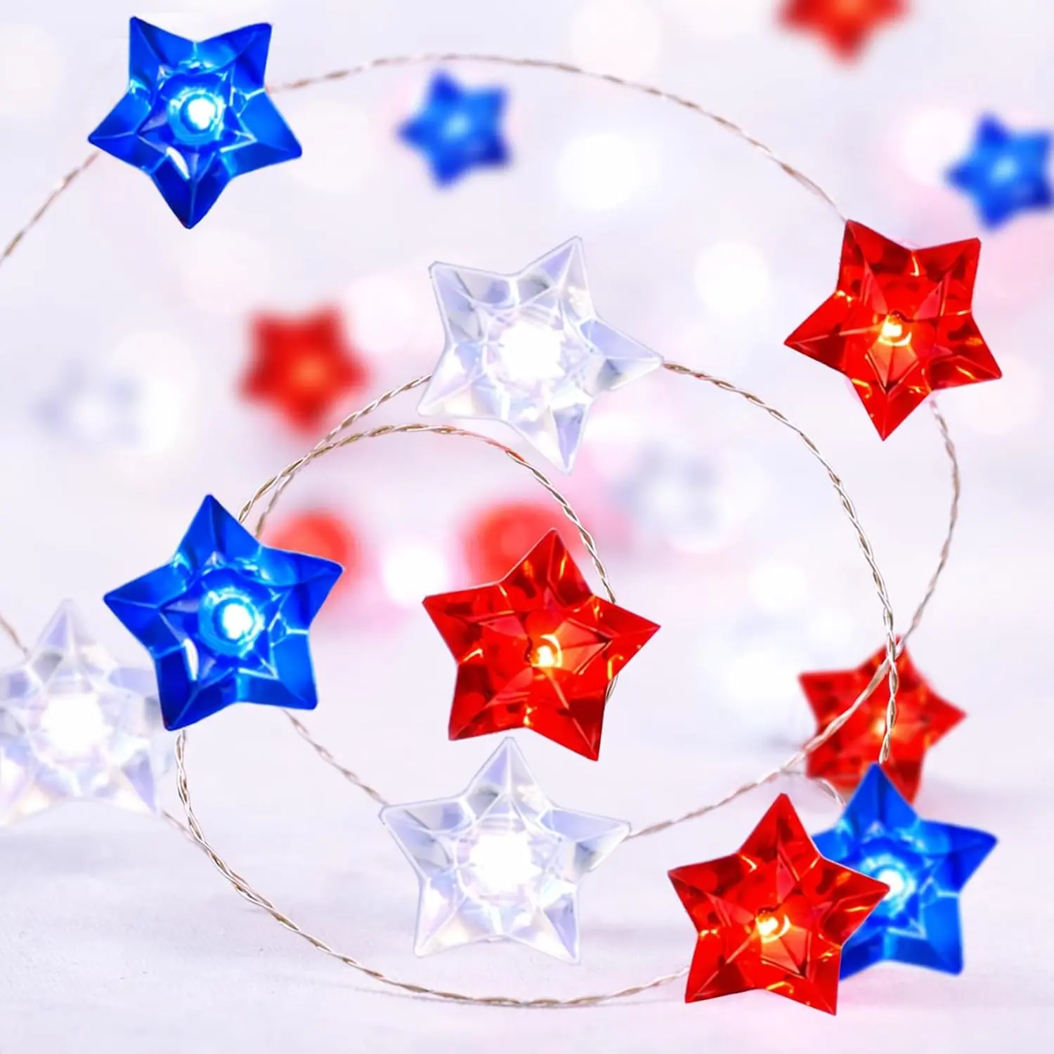 4th of July Decorations 13FT 40LED Red White Blue Fairy String Lights Battery Operated with Timer for Memorial Day Independence Day Indoor Patriotic Home Decor
